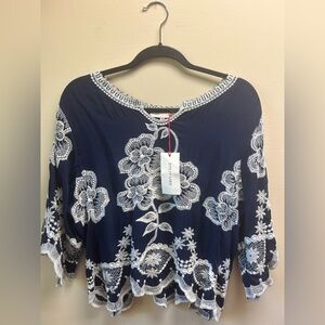 Solitaire Dark Blue Top with White Floral Accents